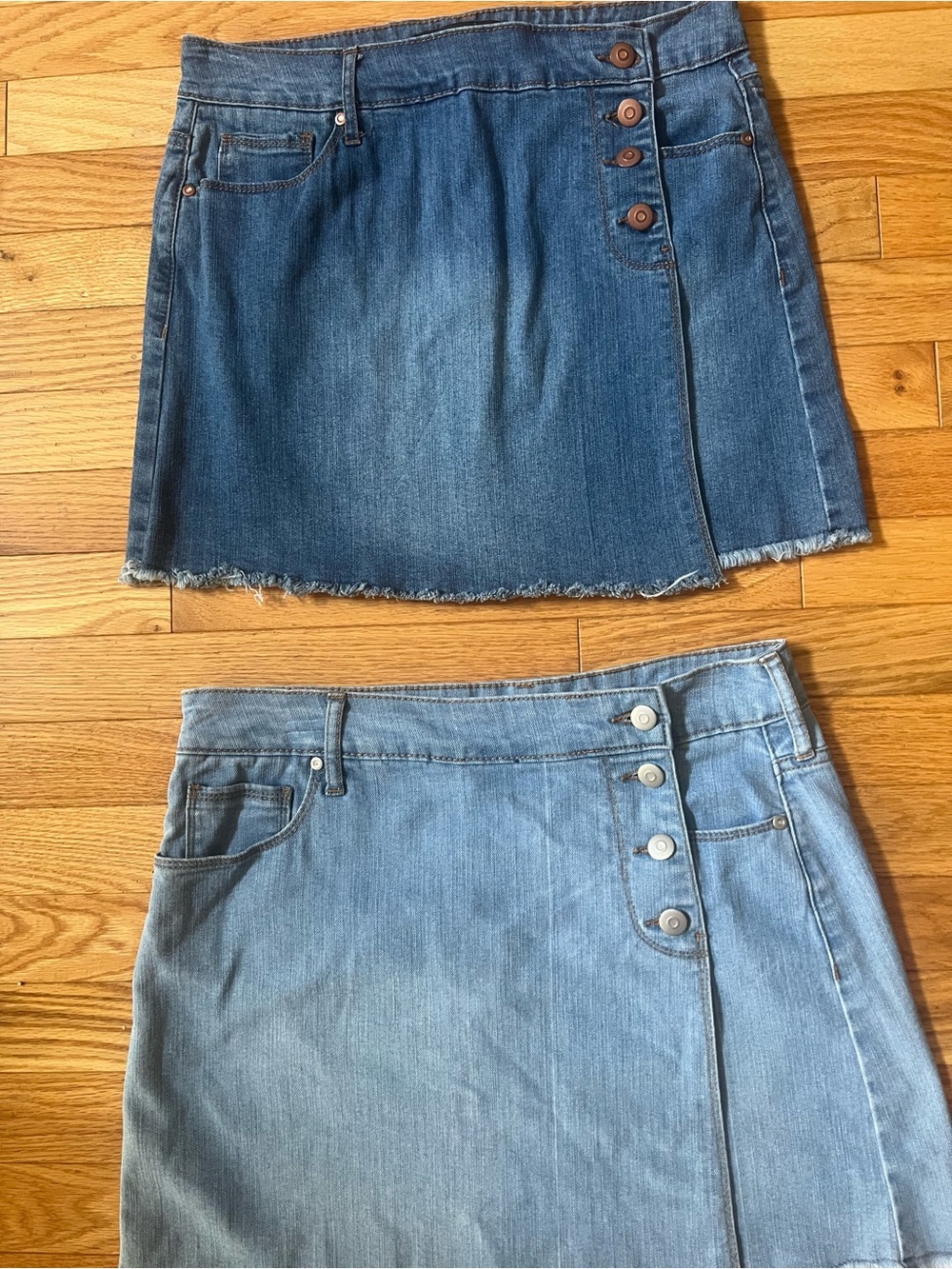 Energie Button-Front Denim Mini Skirts in Dark Blue and Light Blue